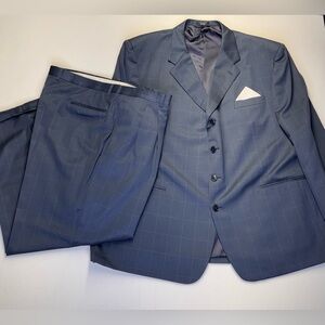 Albert Nipon 52R 42x30 Dark Blue Wool Silk Jacket Pants 2 Piece Suit Windowpane